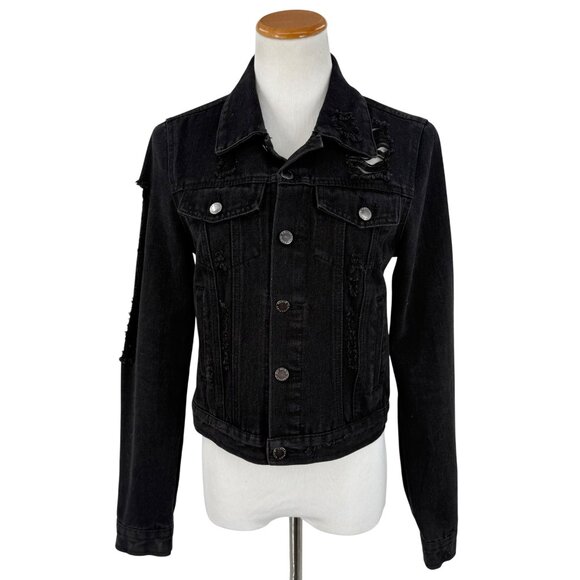 Cisono Black Distressed Button Front Jean Denim Jacket EMO Punk Steampunk Casual - Picture 1 of 10